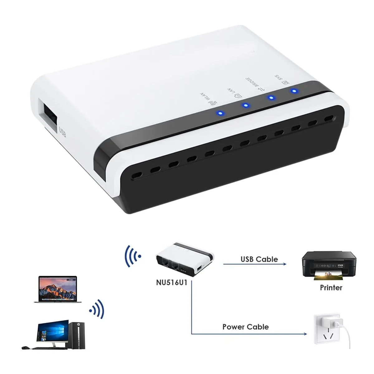 USB Print Server Sharing Hub Wireless Printer Server with 10/100Mbps Lan/ Bridge Multi-Mode Computer Printer US Plug