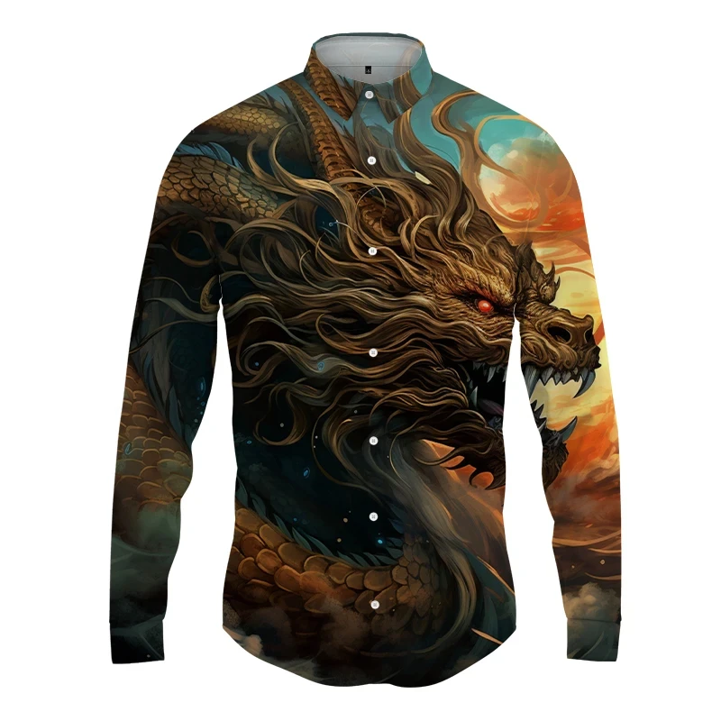 

New Street Loong Men's Clothing Spring And Autumn Fashion Men Buttons 3D Dragon Print Shirts Hawaii Male Long Sleeved Shirt Tops