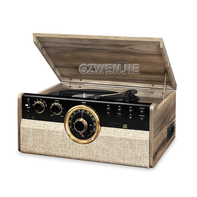 3 Speed Bluetooth-compatible Turntable Vinyl LP Record Player Vintage Gramophone Phono CD&Cassette FM/AM Radio Aux-in