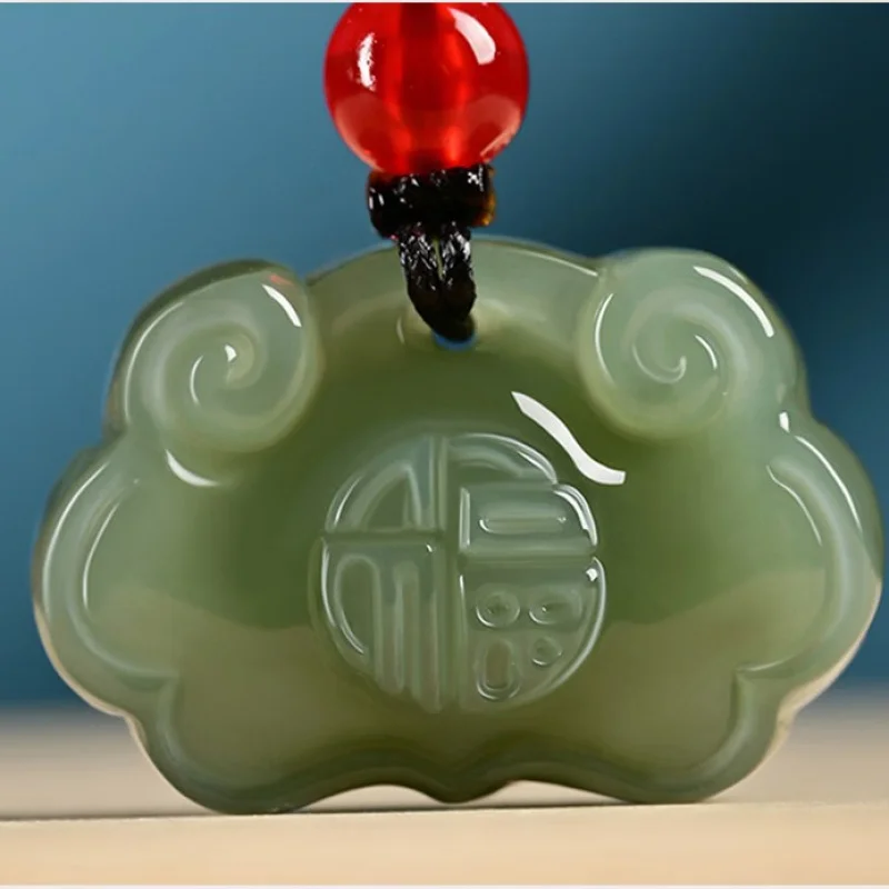 

Natural Longevity With Fu Character, Ruyi , Hetian Green And White Lock Pendant, Jade Jewelr