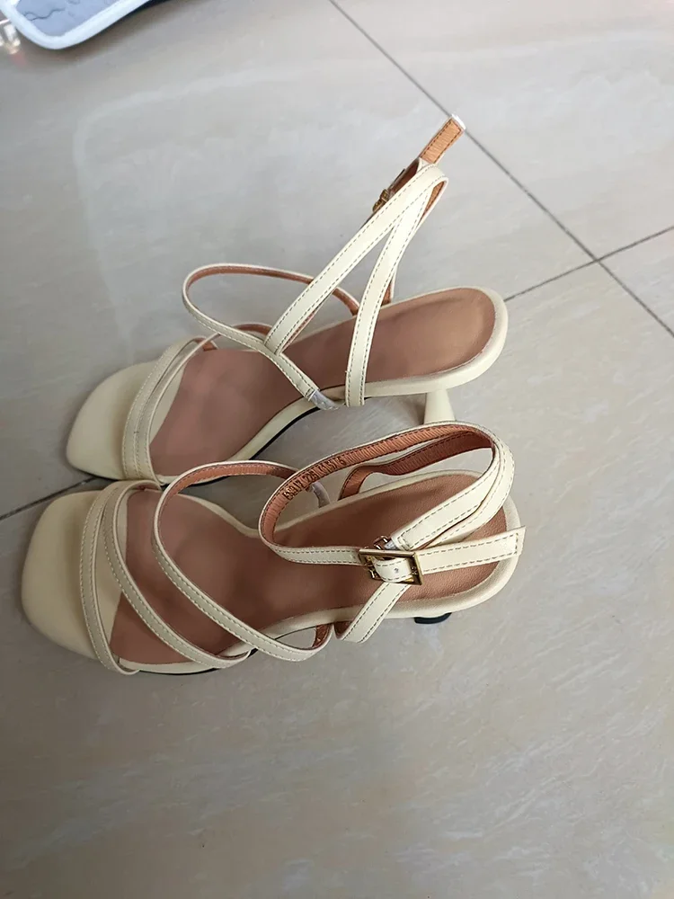 New Trend 2025 Ankle Strap Sandals Summer Women Sexy Party High Heels Black Light-Yellow Beige Apricot One Word Buckle Sandal
