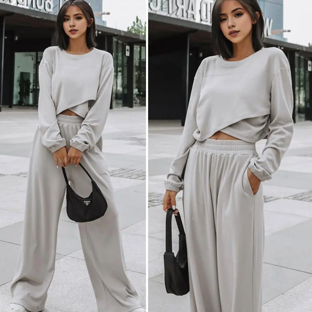 

Одежда с широкими штанинами, стильный Женский свитшот, комплект с широкими штанинами для спорта, фитнеса, Топ с длинным рукавом и круглым вырезом