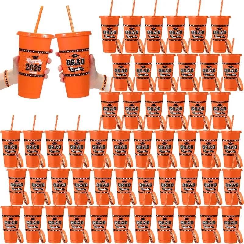 

50 Set / 100 Pcs 2025 Graduation Gifts Set Bulk Plastic 24oz Graduation Cups with Lid Straw and Class of 2025 Bracelet