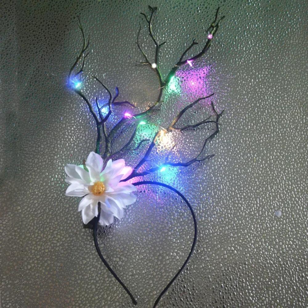 Women Girl Flashing Light Up Deer Antler Flower Headbands Long Branches Horns Forest Goddess Halloween Christmas Festival