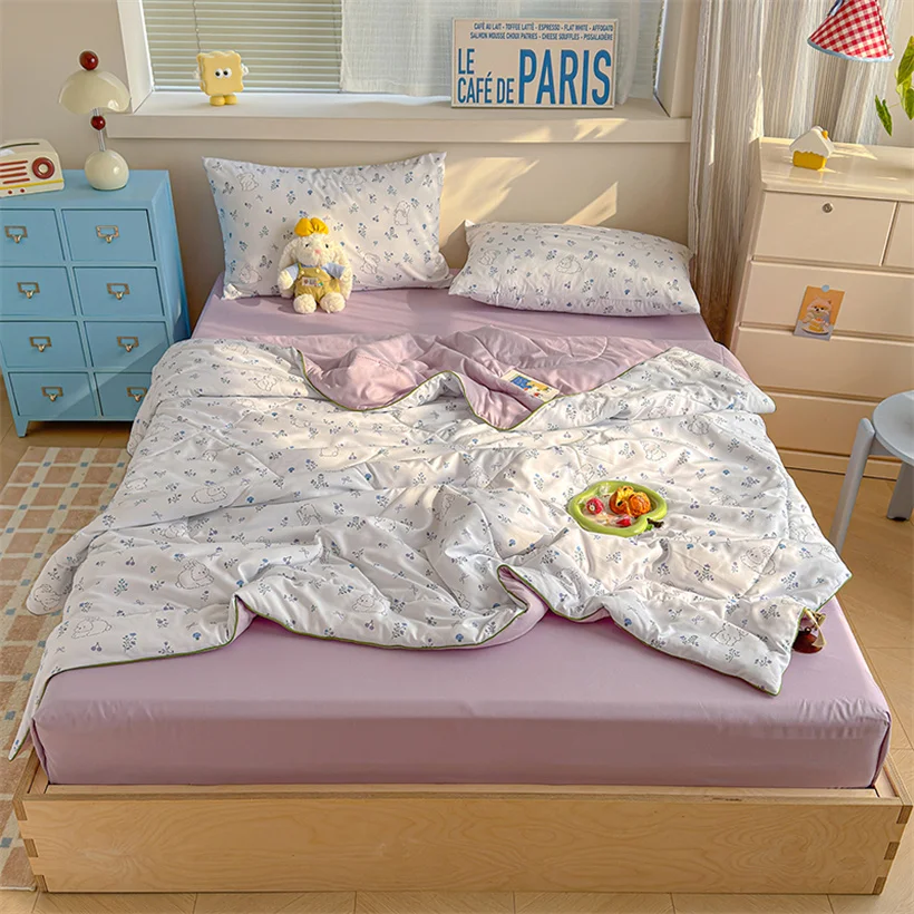 Soft Cool Summer Blanket Washed Cotton Lightweight Quilt Set Air Conditioning Comforter Machine Washable Bed Cover for Home Dorm