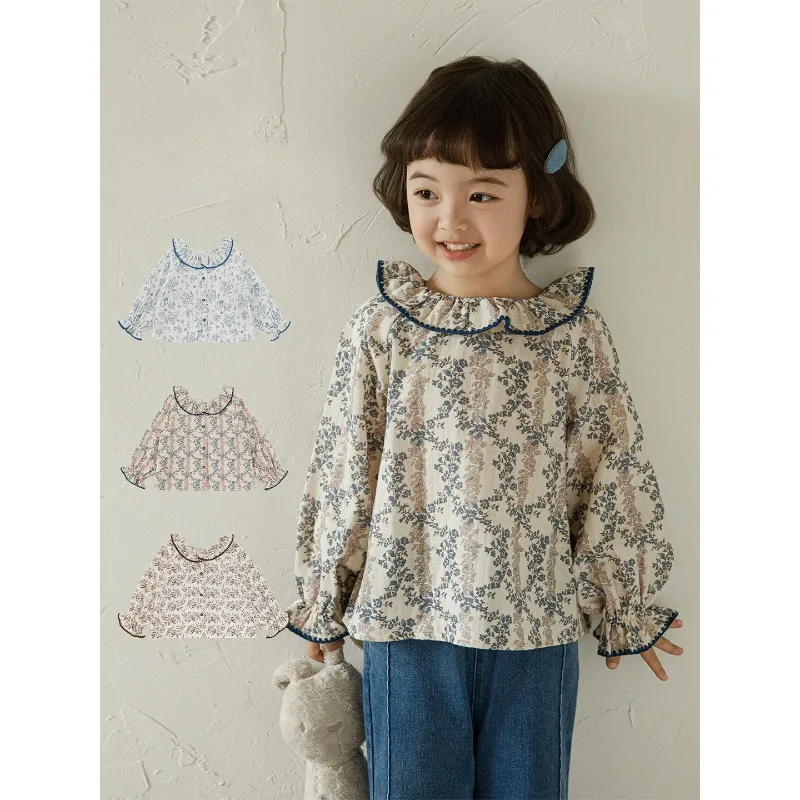 Girls Floral Blouse Reversible Top Baby Doll Collar Floral Shirt Spring Autumn Kids Long Sleeve Cute Vintage Versatile Outfit
