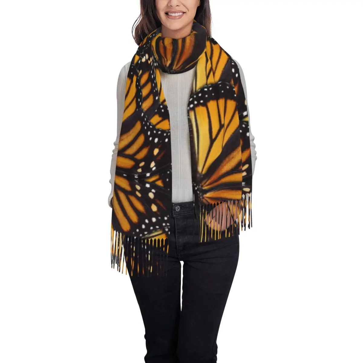 Monarch Butterfly Wing Orange Wings And Golden Scarf Tassel Scarves for Women Soft Warm Shawls and Large Fall Winter Shawl Wraps