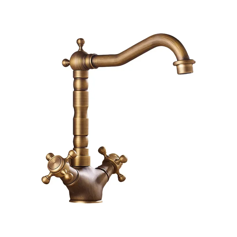 Brass Gold Bathroom Basin Faucet, Retro Double‑Handle Single‑Hole Hot & Cold Water Mixer Tap For Manufacturer Wholesale Bathroom
