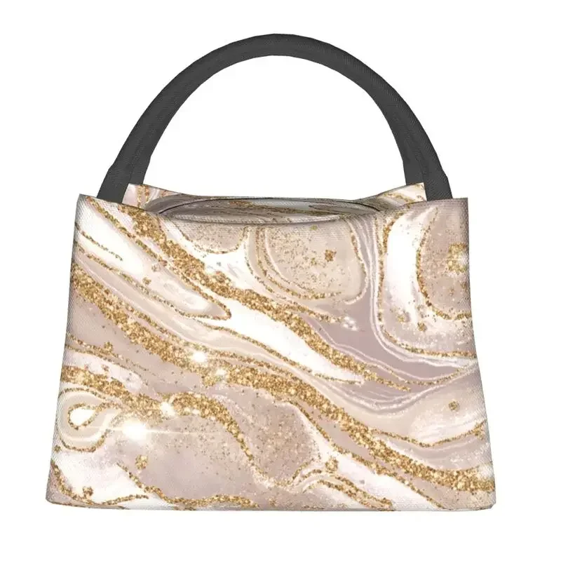 Gold And Cream Marble Pattern Thermal Insulated Lunch Bag Women Geometric Print Portable Lunch Tote Storage Meal Food Box