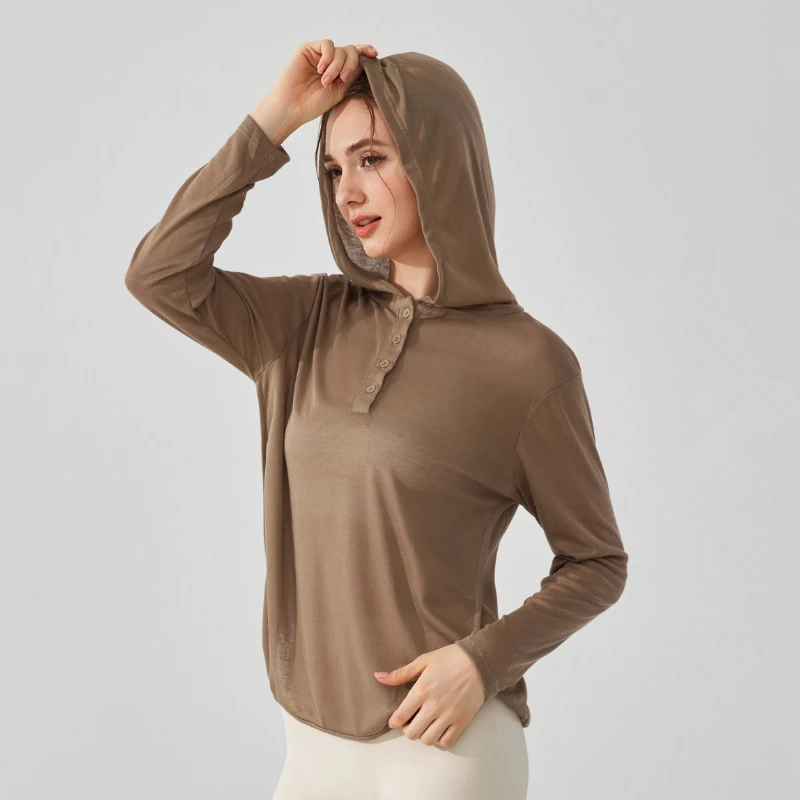 Women Sport Hoodies Loose Yoga Shirts Thin Breathable Long Sleeves Running Sweatshirts Curved Hem Gym Fitness Hooded Tops Blouse