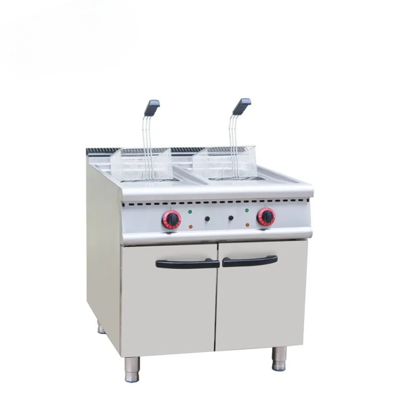 Double cylinder double screen gas fryer with cabinet seat, French fries chicken wings fryer, energy-saving and commercial