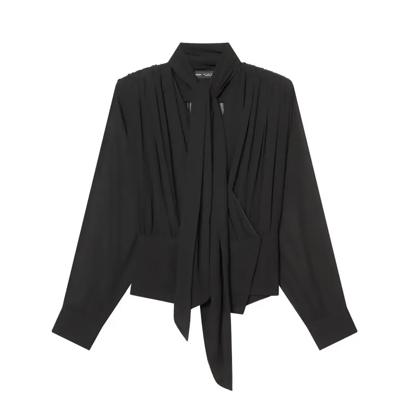 

Women Elegant Black Drape Front Shirt Pleated Top Business Office Lady Blouse High Quality Formal Work Wear