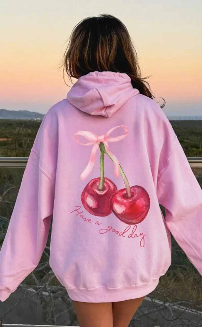 Coquette Cherry Impresso Hoodie, Have a Good Day, Palavras nas Costas, Laço Bonito, Fita na Moda, Harajuku