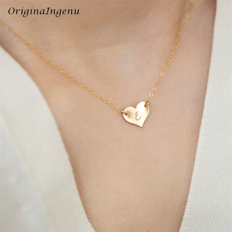 14K Gold Filled Personalized Heart Necklace Handmade Custom Engraved Letter Pendant Necklace Tarnish Resistant Necklace