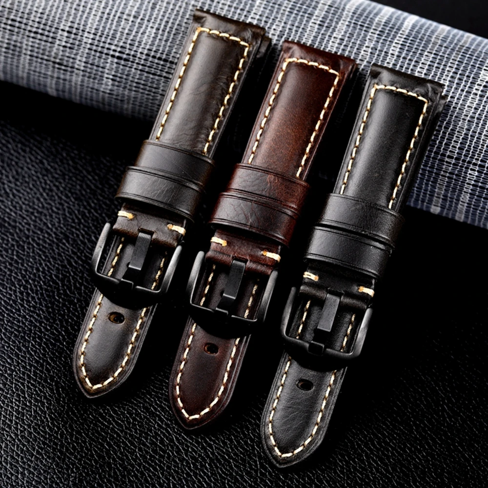Handmade Italian Oil Wax Leather Strap, 18 19 20 21 22 23 24 26MM Black Blue Brown Retro Compatible PAM111 Mechanical Watchband