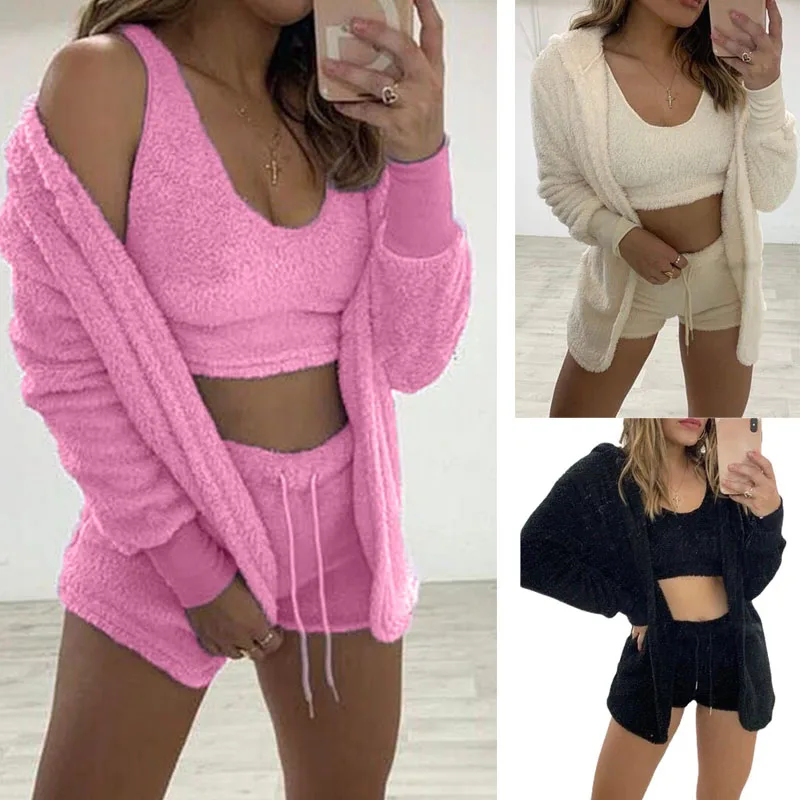 Ropa de casa de felpa de Invierno para mujer, pijamas informales de 3 piezas, pantalones cortos de manga larga, ropa deportiva para el hogar, conjuntos de ropa para mujer