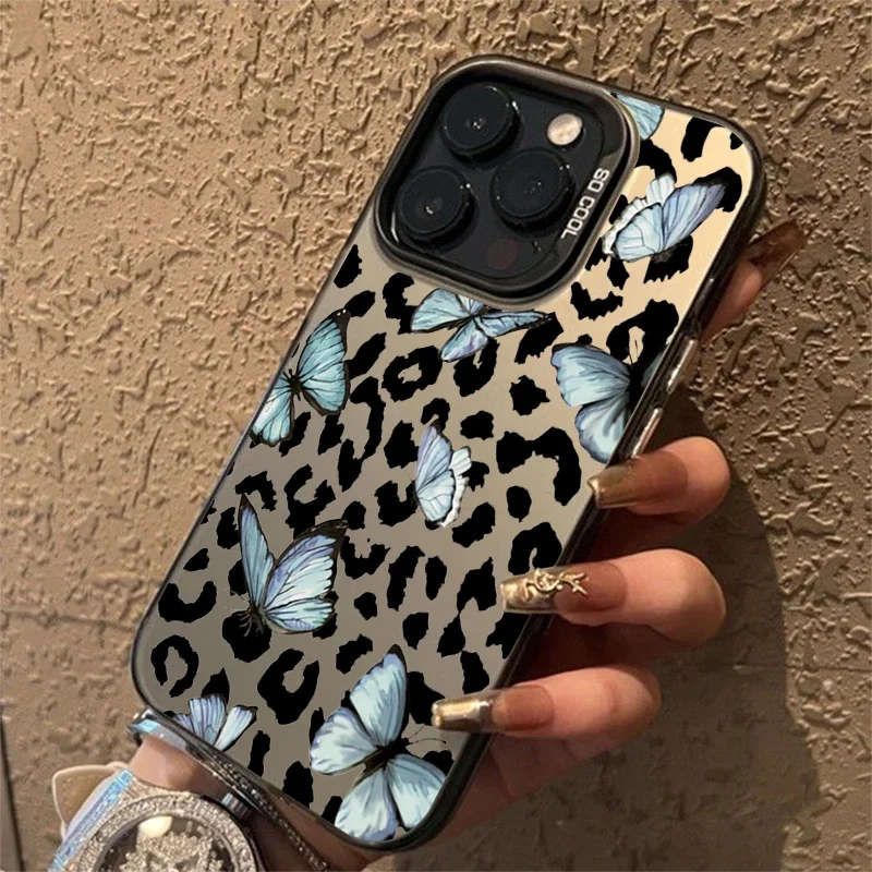 Серебристый чехол IMD с гальваническим покрытием Butterfly Lips Leopard для iPhone 16, 15 Pro Max 14, 13, 12, 11, 7, 8 Plus X XS XR, противоударный чехол