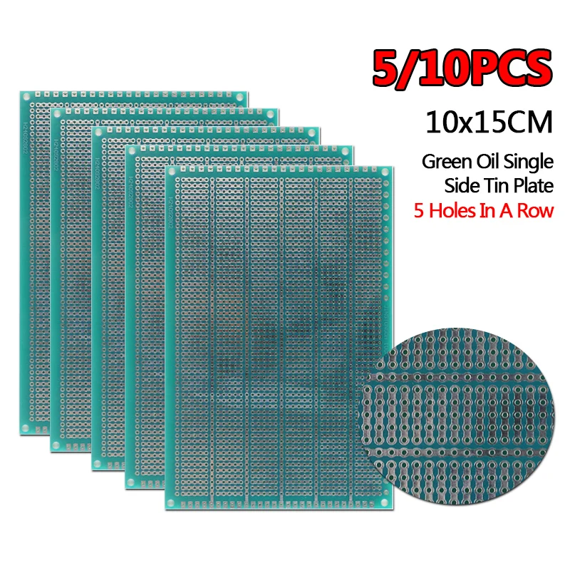 Scheda Circuito Stampato Universale 10x15CM, Singola Facciata con Olio Verde Spray, 5 Fori, Spessore 1.6mm, Spaziatura 2.54/5.08mm