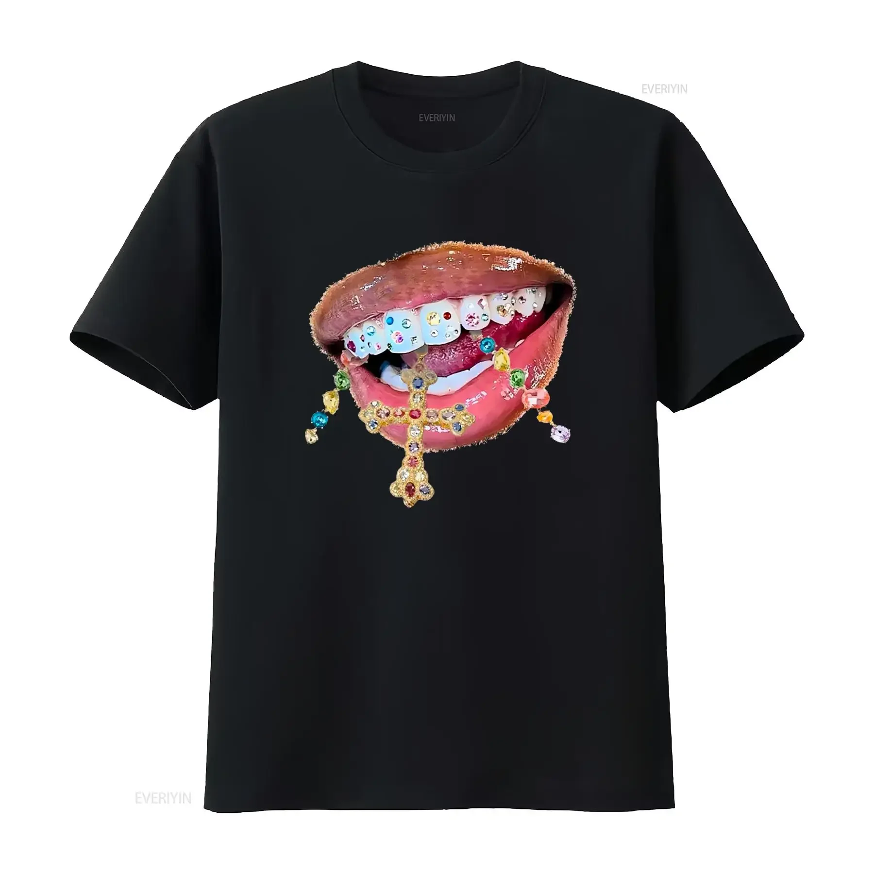 Glossy Jewelry Mouth Print T Shirt Streetwear Y2K Cotton Opium Fashion  vintage Washed homme Unisex Breathable graphic fashion