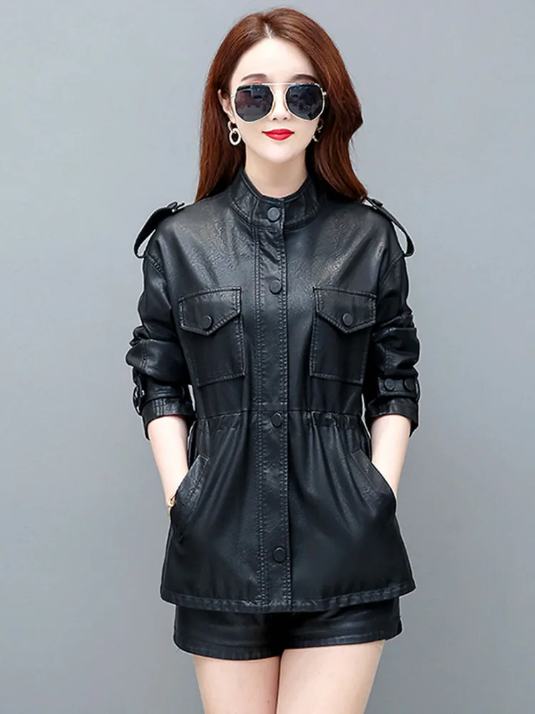 Vrouwen Schapenvacht Jassen 2025, Herfst Koreaanse Losse Elastische Taille Casual Vrouwelijke Lange Mouwen Slim-fit Split Lederen jassen