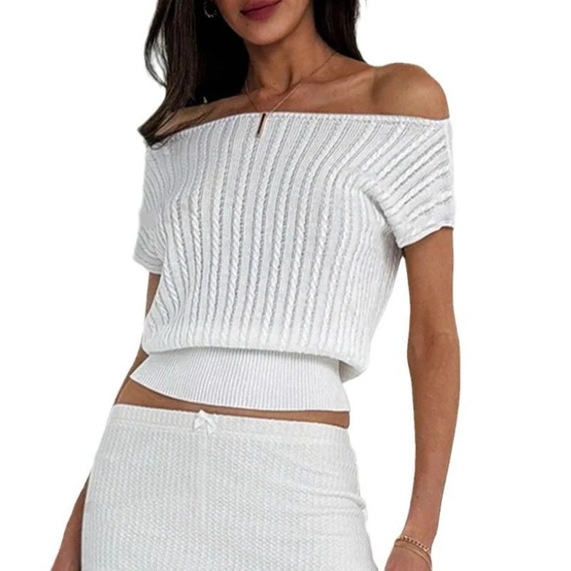 Sexy Spice Girl One-shoulder Knitted T-shirt 2025 Summer Temperament Slim Women's Short-sleeved Sweater