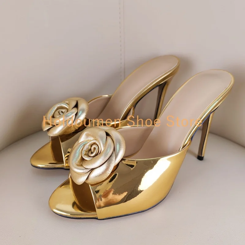 

Golden Handmade Flowers Decor Peep Toe Slippers Multicolor Patent Leather Satin Sexy Slingback Banquet Elegant Stiletto Slippers