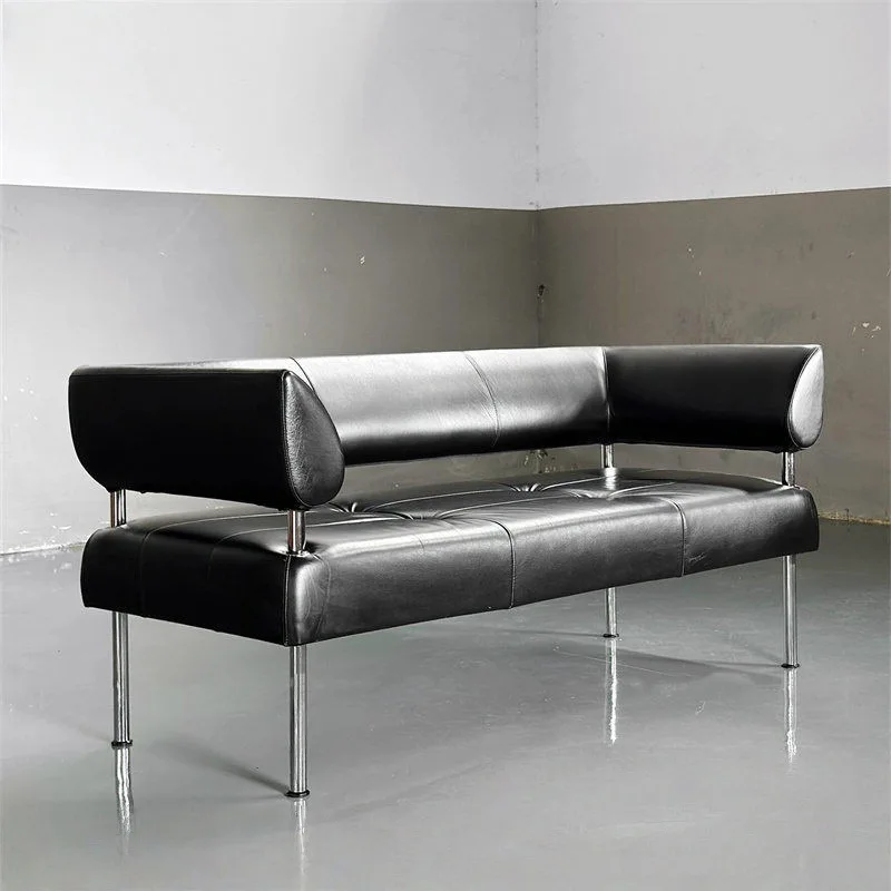 Italian light luxury leather sofa medieval avant-garde small stainless steel furniture office reception double guest bench
