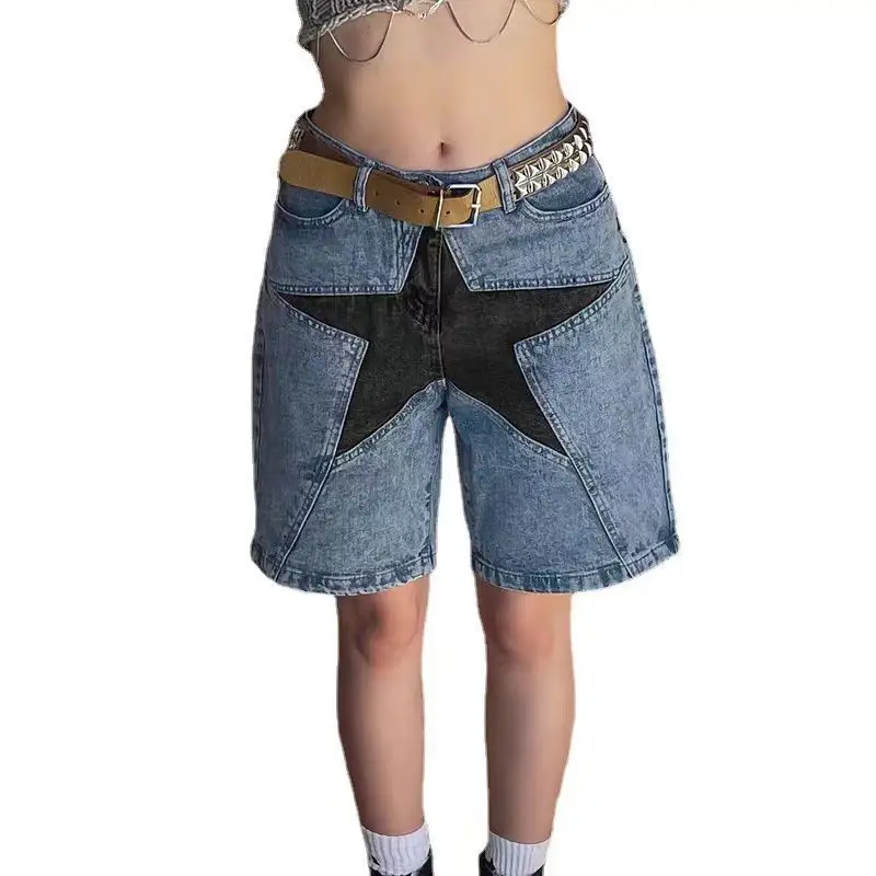 Denim Short Pants Five-Pointed Star Patch Knee Length Mid Waist Patchwork Pockets Print Washing 2024 Streetwear Women Jeans