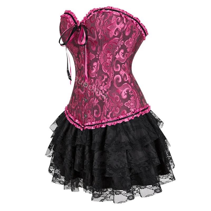 Corset Dress Tutu Skrits Set Overbust With Lace Costume Party Sexy Burlesque Ladies Outfit Plus Size Gothic Halloween Red Black