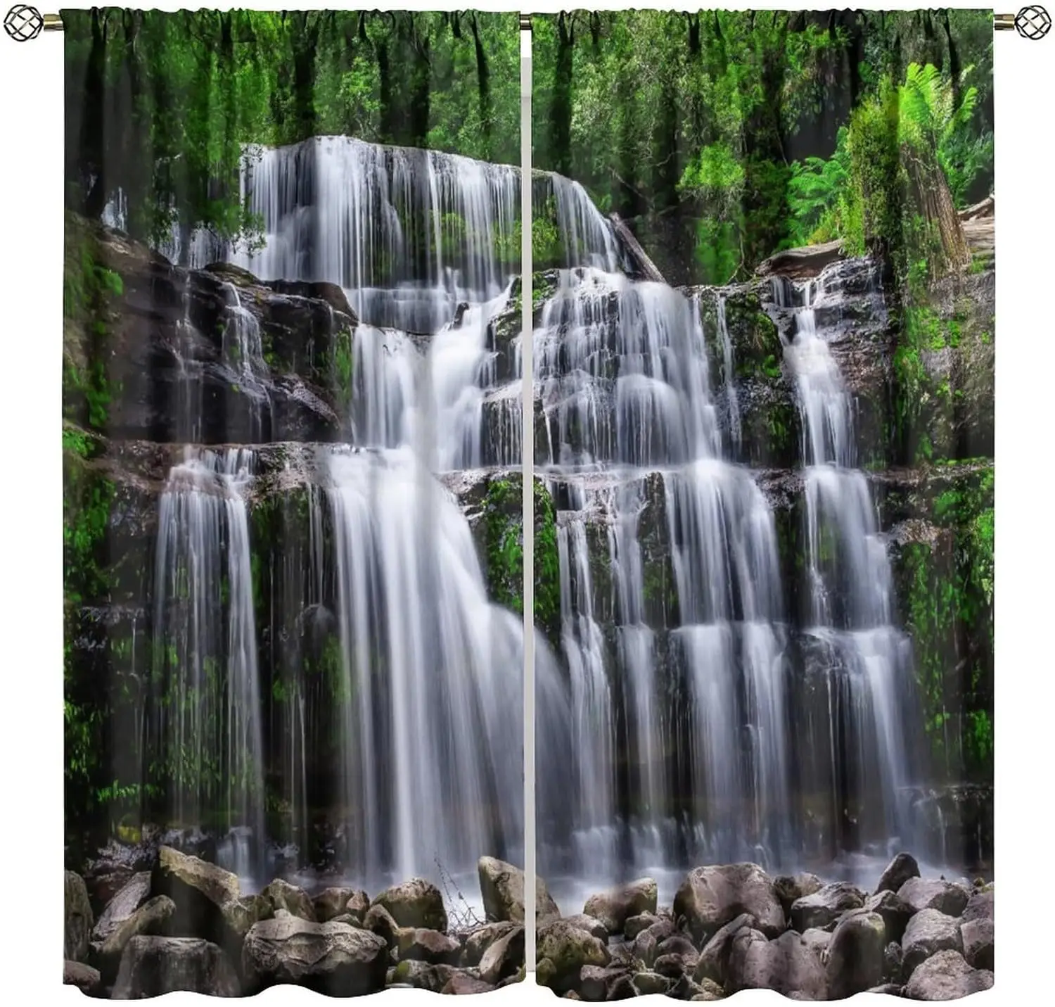 Natural Scenery Blackout Curtains, Spring Rustic Forest Waterfall River Landscape Window Drapes, for Bedroom Living Room