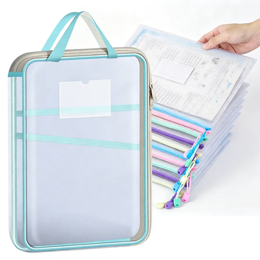 

1Set L-shaped Large Opening Subject Classification Bag & Grid Zipper Bag, Portable Book Tote Mesh Storage Bag for Paper XJM