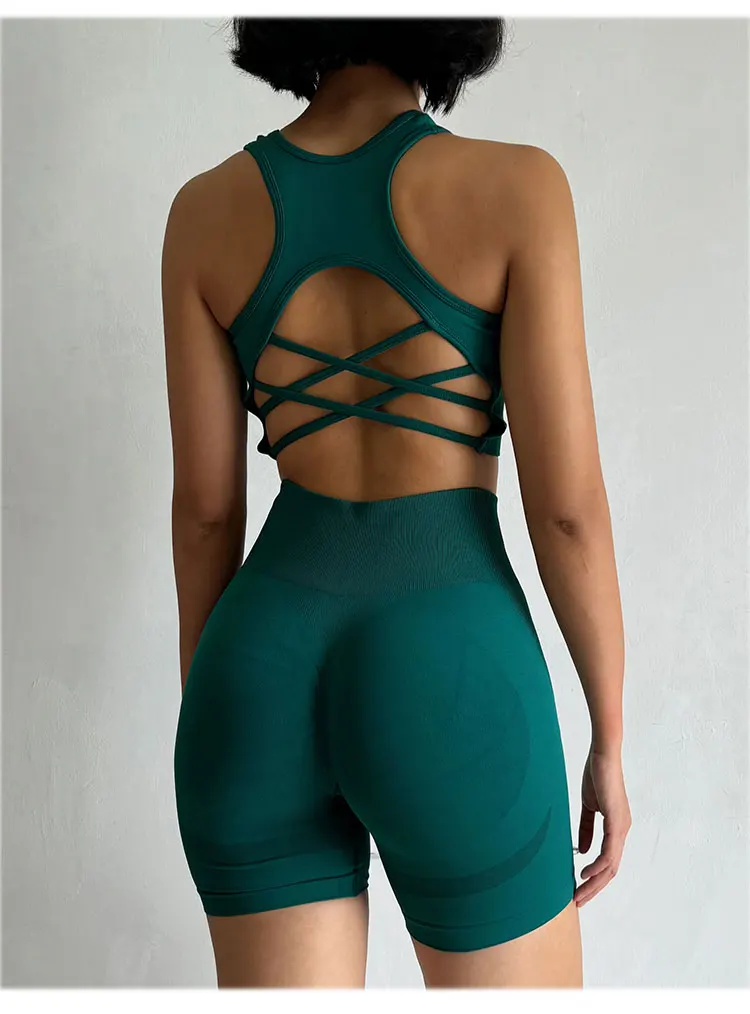 Pfirsichfarbenes Damen-Set mit High-Waist-Shorts und BH, Po-Lifting-Fitness-Set, geraffter Rücken, Yoga-Anzug, eng anliegend für Lauf- und Trainingsübungen – Detail 8