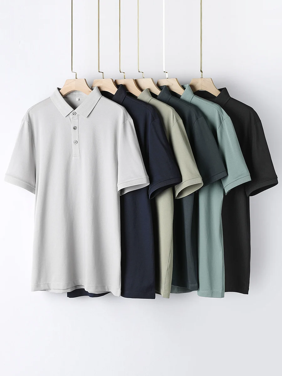 SuyaDream Men Polo Shirt  Silk Cotton Blend Short Sleeved Chic Smart Casual T Shirts 2023 New Spring Summer Top Black Blue