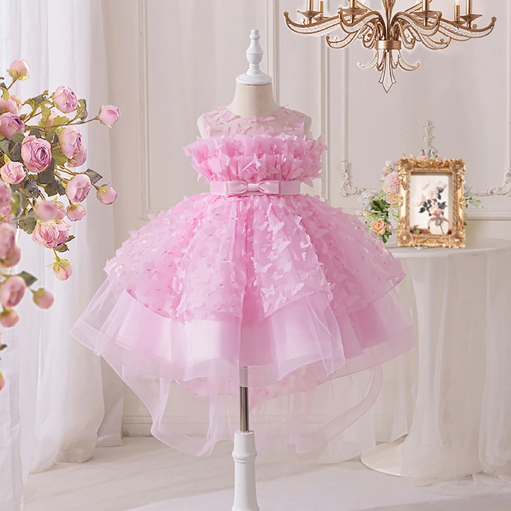 HETISO High-end Butterfly Princess Dress for Girls Children's Trailing Birthday Party Puffy Wedding Costume Gown