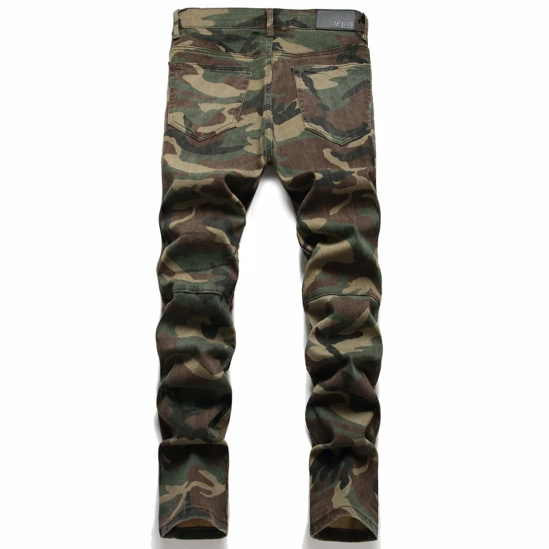 Men's camouflage print splicing biker jeans Men's Slim Straight Jeans  Raglan Patch Range Jeans Pantalon Homme