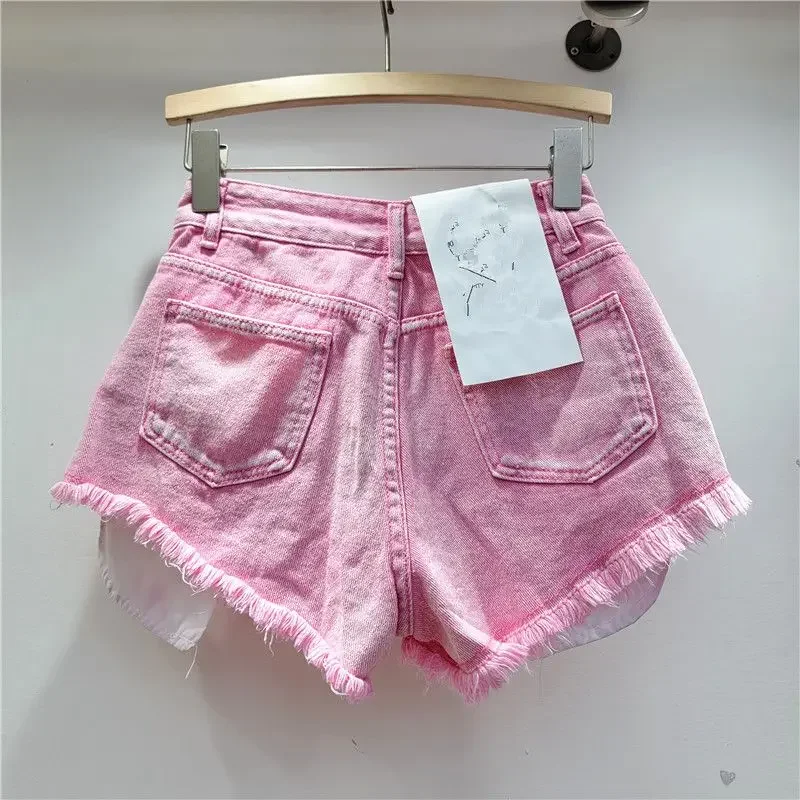 تسرب جيب الشارع هول غسلها الرجعية الأزرق الدنيم السراويل 2025 صيف جديد التوابل فتاة موضة الجينز السراويل الساخنة السراويل النساء