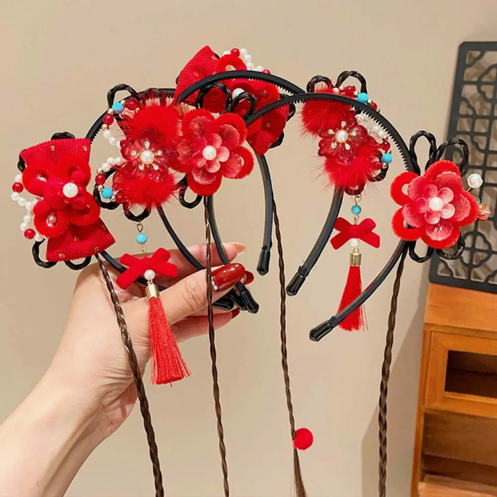 Flower Children Wig Headband Braid Hair Tang Suit Hair Hoop Chinese New Year Headwear Tassel Plush Hanfu Hair Sticks Children