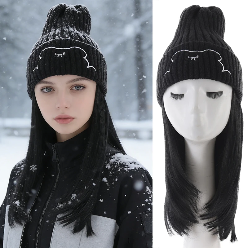 

Hat wig integrated female teddy bear knitted hat collarbone hair for autumn and winter warmth versatile wig hat