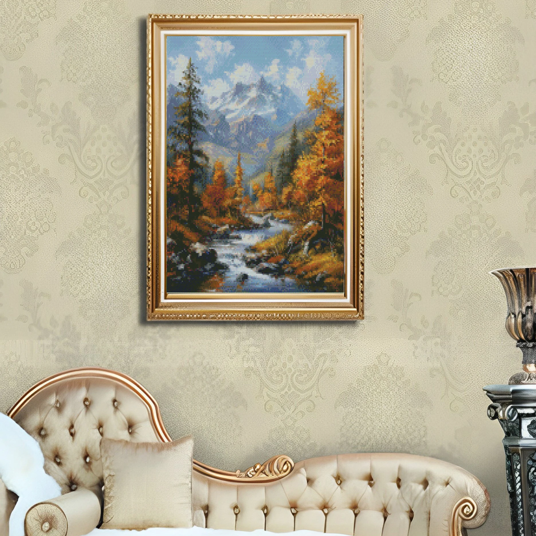 Cross Stitch Embroidery Autumn Mountain Stream Scenery Thread Drawing DIY Needlework Kit Decorate Printed on Canvas 11CT