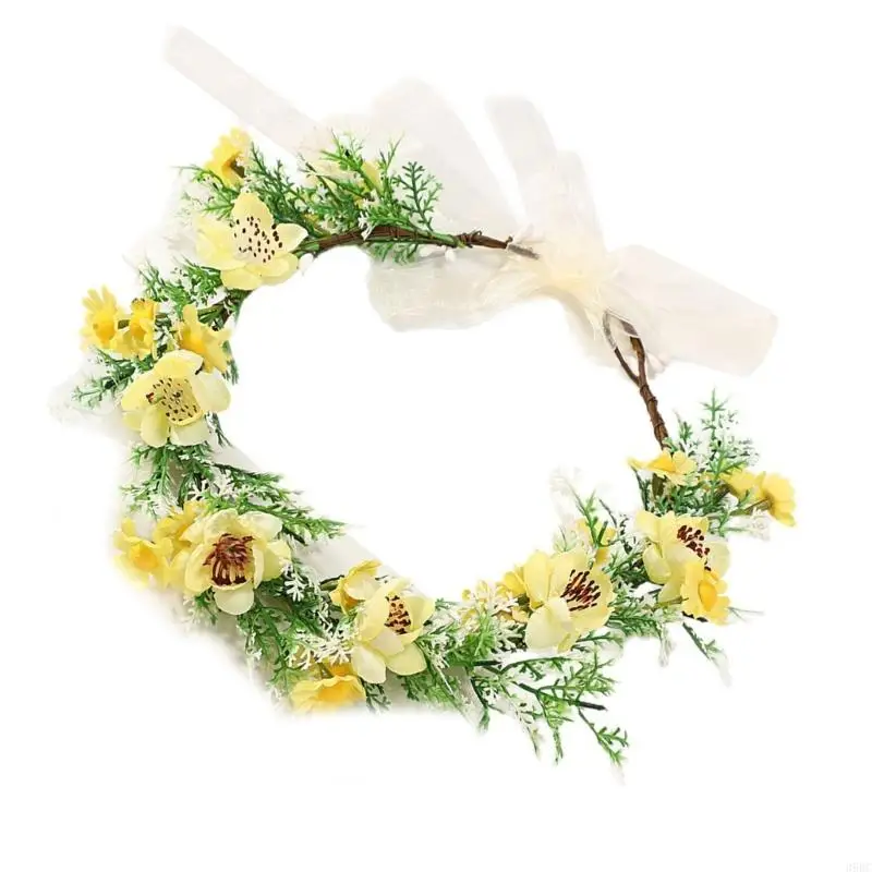 

39BC Adjustable Bohemian Floral Hair Wreath Practical Fabric Plastic Grass Design Casual Party Wedding Photo Prop