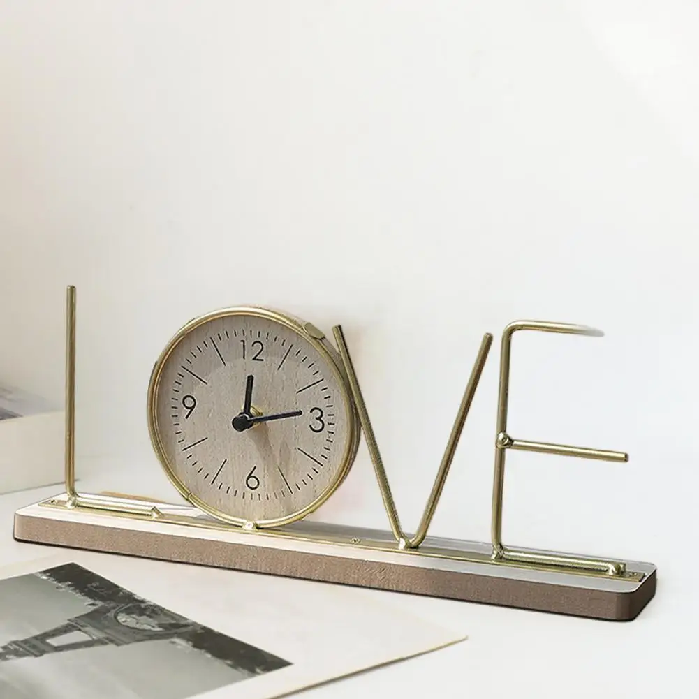 Metal LOVE HOME Wooden Base Clock Non-Ticking Silent Home Office Metal Letter Digital Analog Clock Ornament