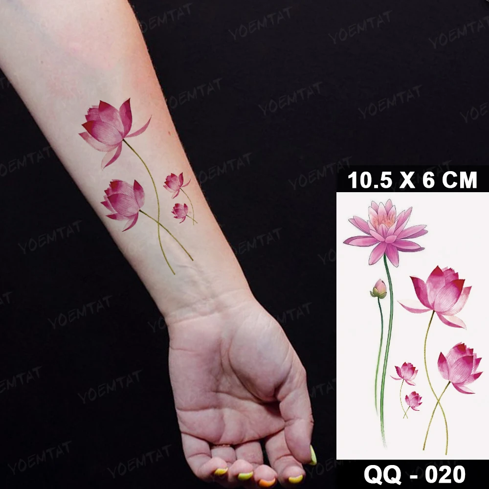 Transl Temporary Tattoo Sticker Women Girl Lotus Line Watercolor Flower Plant Peony Rose Flash Tatoo Arm Body Art Fake Tatto Men