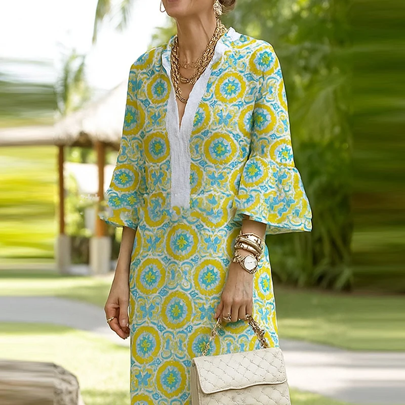 Womens Elegant Floral Print V-Neck Boho Dress Spring Retro Half Sleeve Loose Long Dress Summer Casual Side Split Commuting Dress