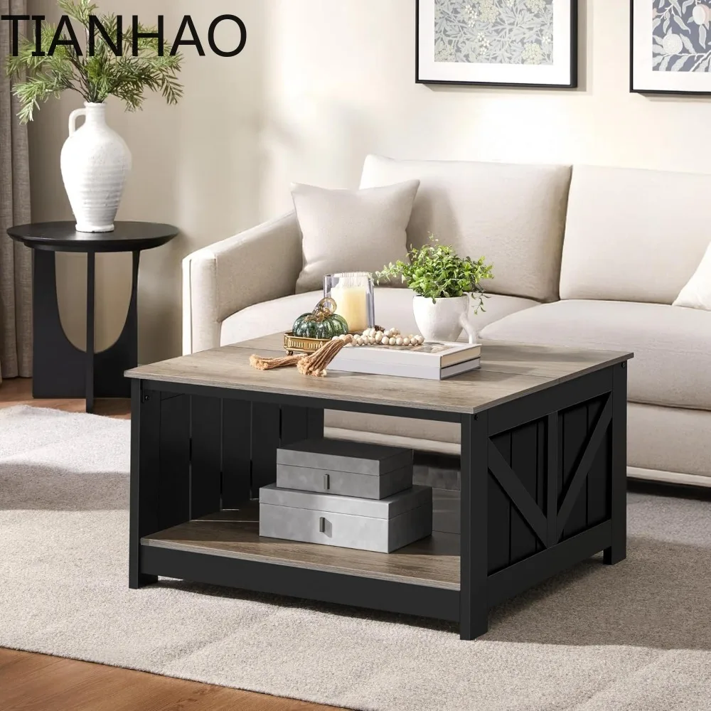 Farmhouse Coffee Table with Storage, Square Coffee Table for Living Room 31.5 Inches Wood Dining Center Tables