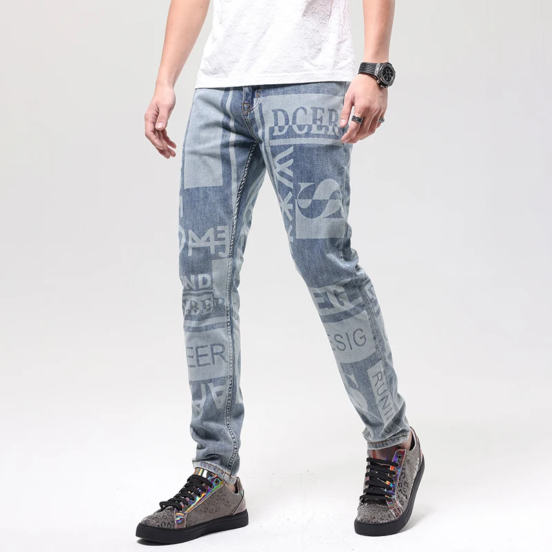 2024New High-End Jeans Men's Fashion Printed All-Matching Street Cool Handsome Slim-Fitting Skinny Trousers