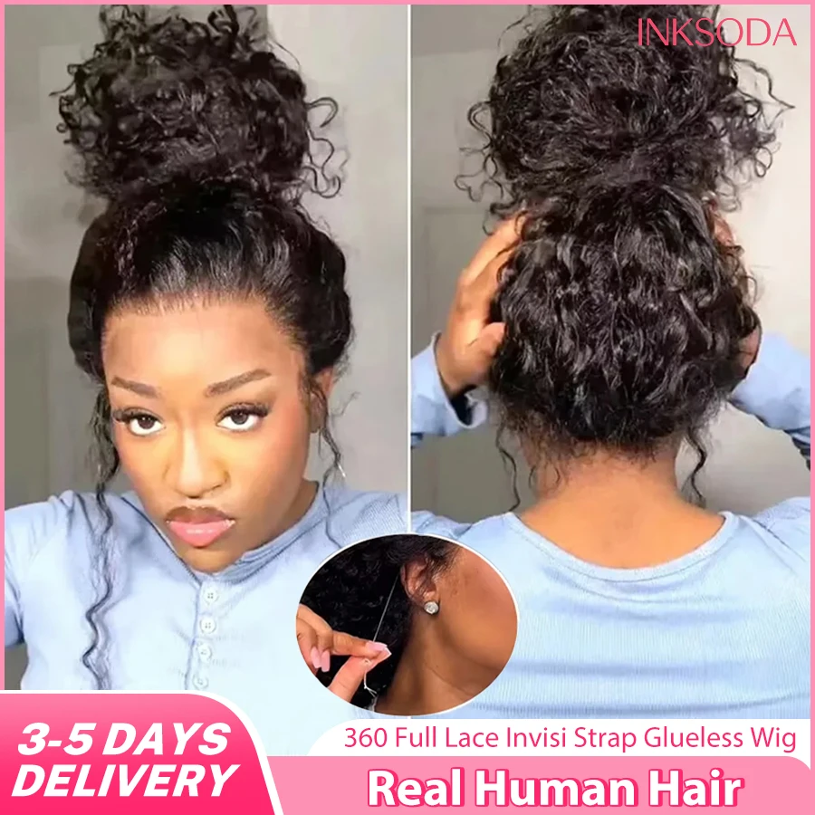 

Парик с кружевной передней частью 360 HD Deep Wave, плотность 220%, предварительно выщипанный, с невидимым ремешком, без клея, полностью кружевной, кудрявый, с завязками