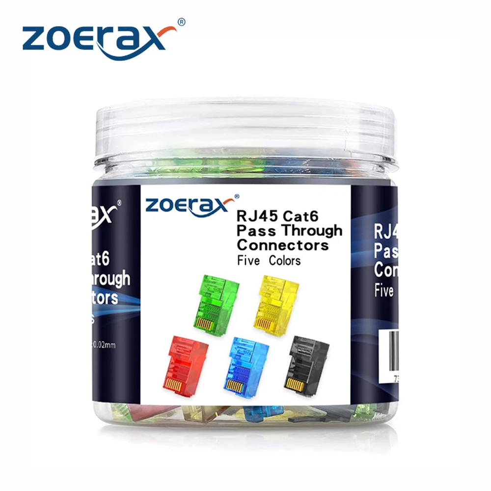 

ZoeRax 100-Pack RJ45 Cat6 Pass Through Connector ,Assorted Colors,RJ45 Modular Plugs for Solid or Stranded UTP Network Cable