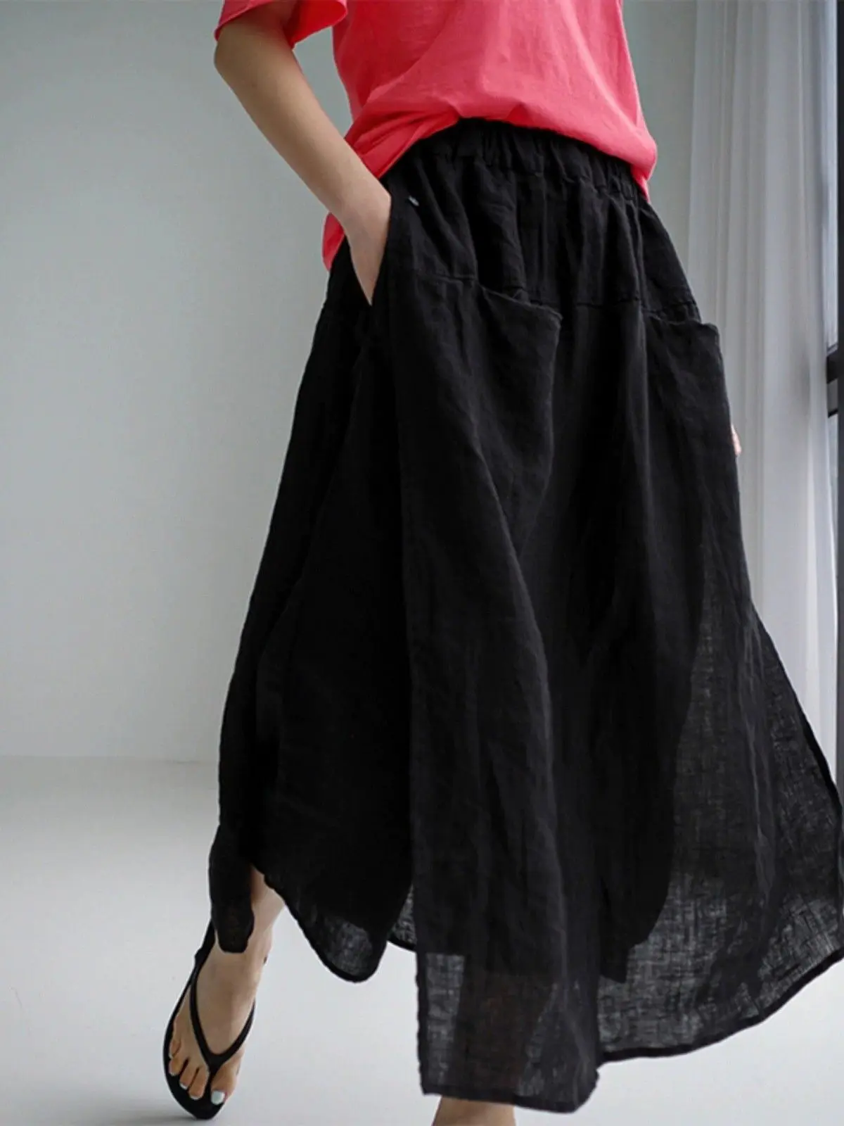 カジュアルコットンリネンブレンドレディース春夏ルーズフィットプラスサイズサイドスリットクロップドパンツツーピースボトムススカート