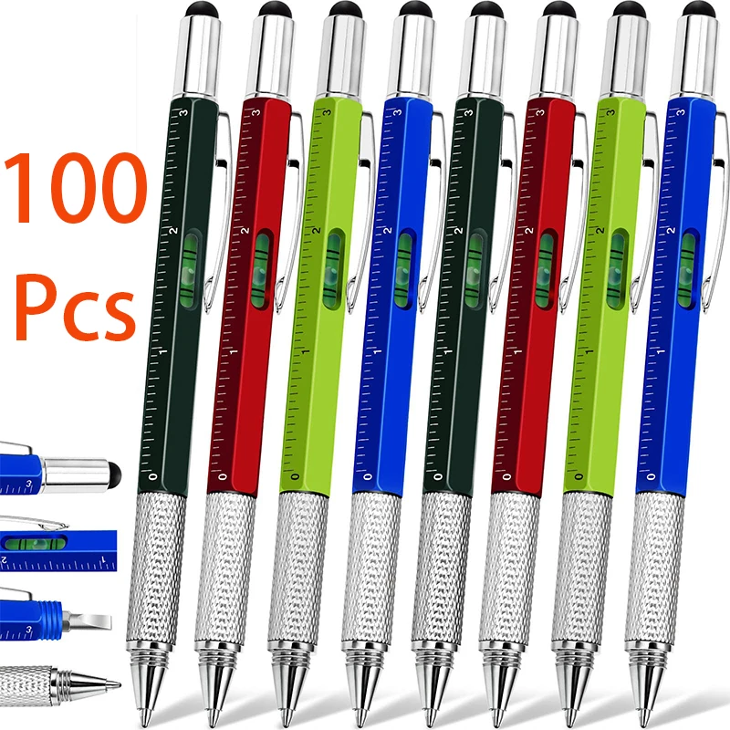 100Pcs Multifunction Ballpoint Pen With Hand Tool Measure Technical Ruler Screwdriver Touch Screen Stylus Spirit Level