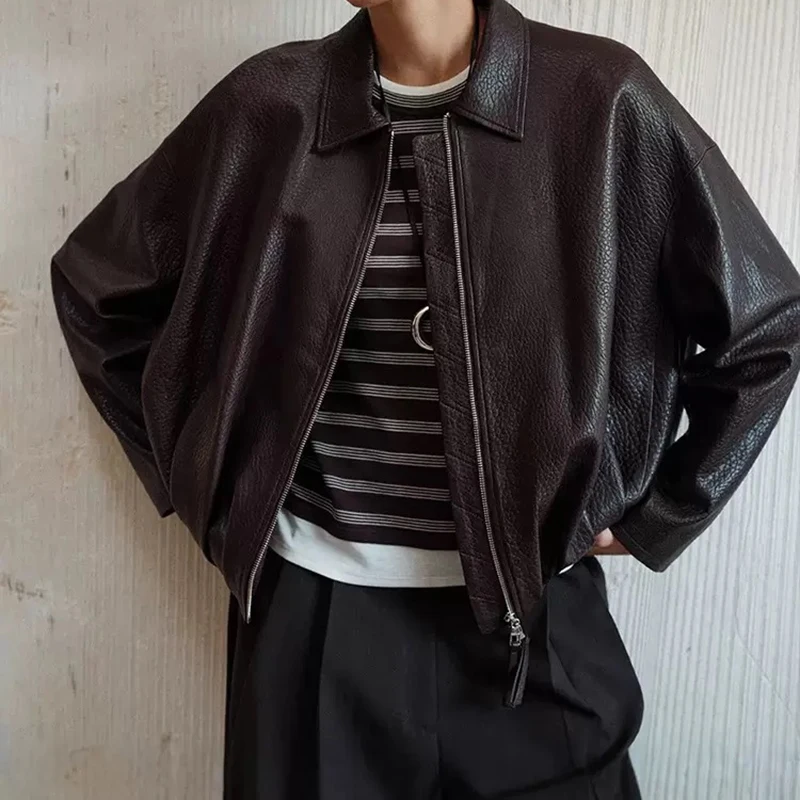 커피 가죽 재킷 가을 여성 심플 패션 라펠 지퍼 루즈 내추럴 텍스처 양가죽 폼 가죽 숏 코트 자케타